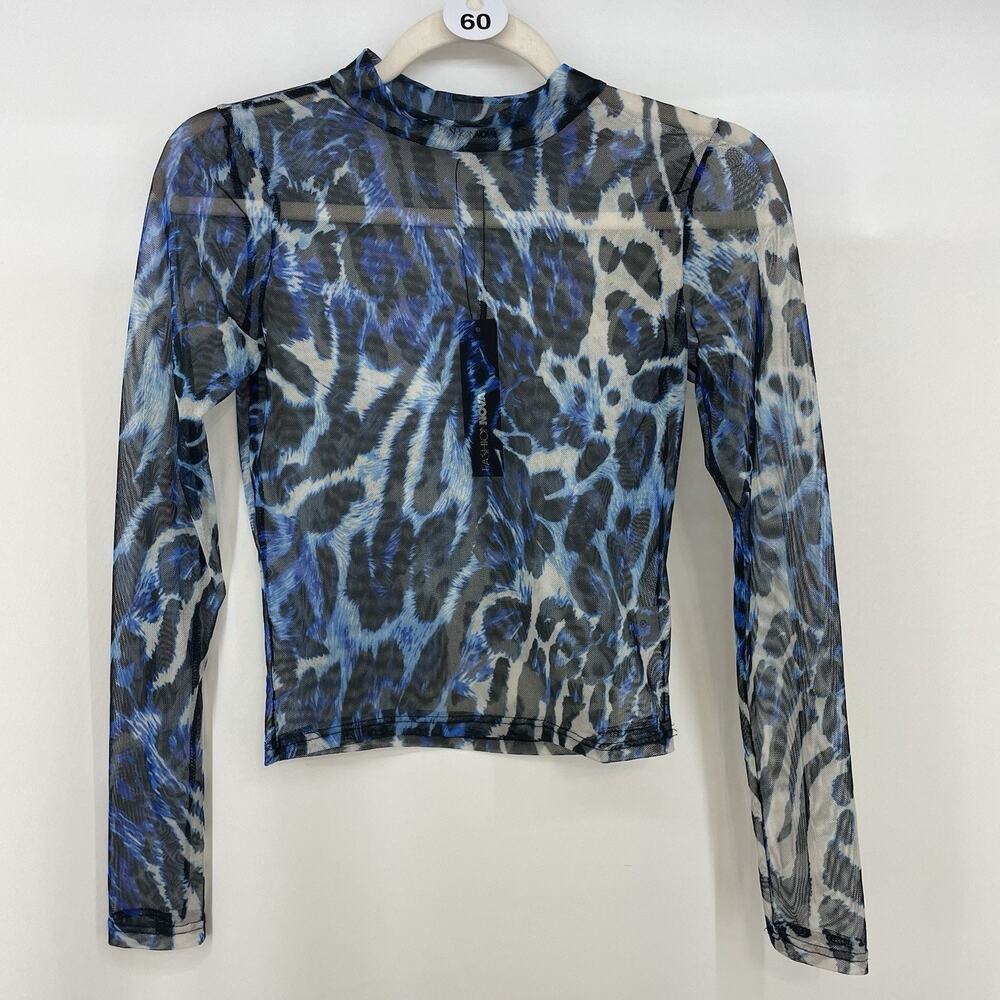 Fashion Nova Size M Sheer‎ Mesh Long Sleeve Fitted Top Animal Print Blue Black